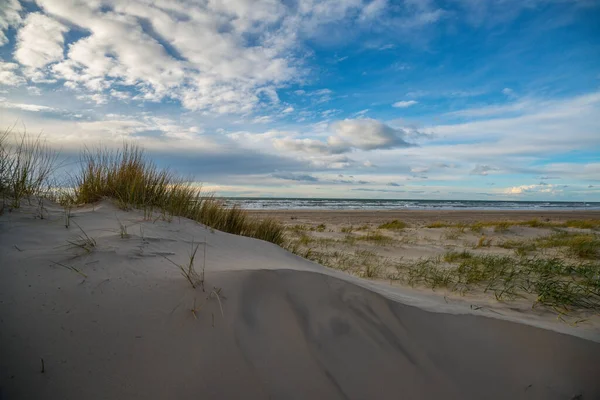 Een Panoramisch Shot Van Zandkust Een Bewolkte Dag Achtergrond — Stockfoto