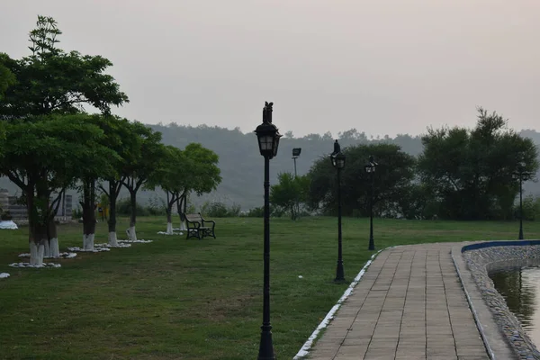 Closeup Shot Path Park Street Lamps Trees — Stock Photo, Image