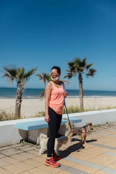 stock image A female wearing a face mask and walking her dogs at the shore