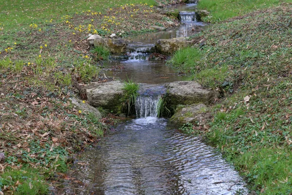 Ein Quellbach Mit Kleinen Wasserfällen Der Natur — Stockfoto