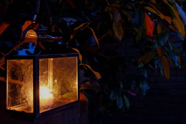 Closeup Old Street Lantern Glowing Dark — Stock Photo, Image