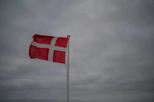 Denmark Flag Pole Waving Gloomy Sky Background — Stock fotografie