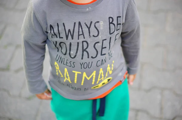 Poznan Poland Jul 2017 Young Child Wearing Shirt Batman Text — Stock Photo, Image