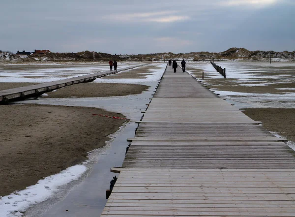겨울에 해변을 산책하는 사람들의 — 스톡 사진