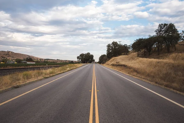 Belo Tiro Uma Estrada Reta Com Uma Grama Dourada Seca — Fotografia de Stock