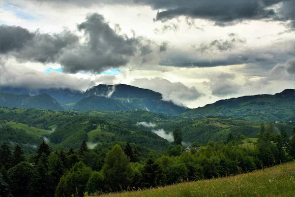 Piękne Ujęcie Zalesionych Gór Pod Chmurnym Niebem — Zdjęcie stockowe