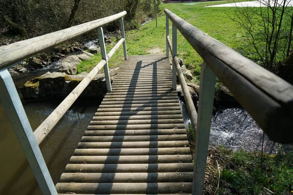 Piccolo Ponte Legno Nella Foresta Durante Giorno — Foto Stock