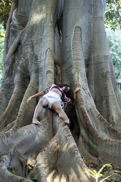 Vertical Shot Attractive Female Posing Tree — Stock Photo, Image