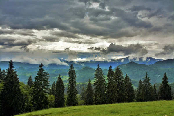 Ein Schöner Blick Auf Bewaldete Berge Unter Einem Bewölkten Himmel — Stockfoto