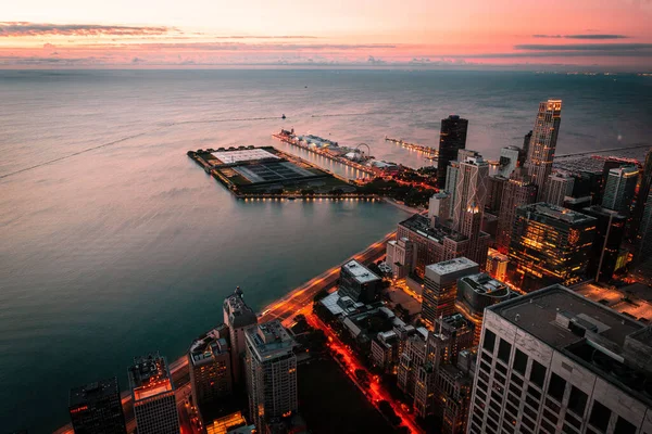 Havet Som Omger Skyskrapor Chicago Solnedgången Usa — Stockfoto