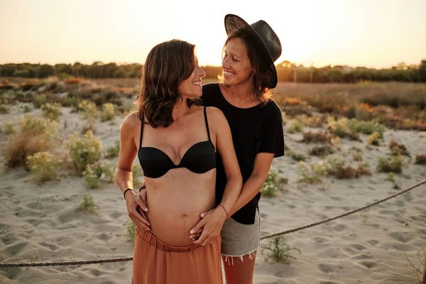 Mesmerizing Shot Lovely Pregnant Couple Lesbian Family Concept — Stock Photo, Image