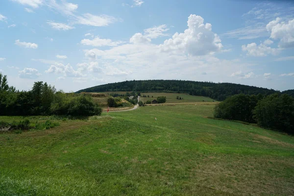 Long Field Surrounded Greens Trees Cloudy Beautiful Sky — Stock fotografie