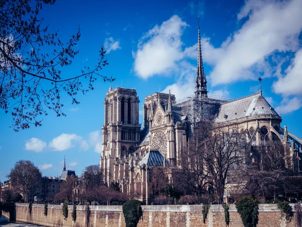 Hermoso Plano Catedral Notre Dame Bajo Cielo Azul Brillante —  Fotos de Stock