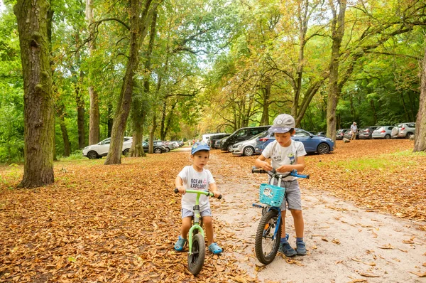 Rogalin Poland Aug 2020 Two Young Boys Bikes Footpath High — Stock Photo, Image