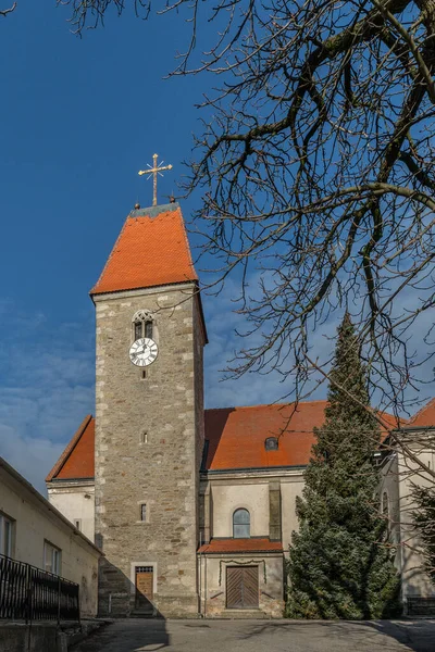 Pionowe Ujęcie Starego Budynku Wieży Czerwonymi Dachami Błękitnym Niebem Tle — Zdjęcie stockowe