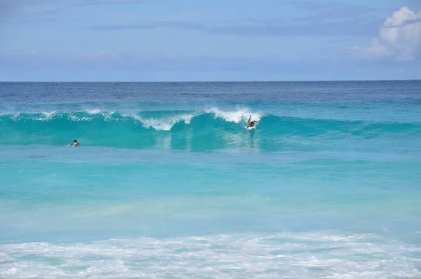 Uma Bela Foto Surfistas Mar Azul Sem Limites — Fotografia de Stock