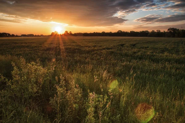 Dramatic Landscape View Sun Rays Shining Dark Cloudy Sky — Stock Photo, Image