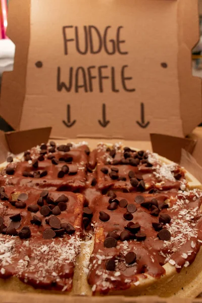 Closeup Fudge Waffles Box Table — Stock Photo, Image