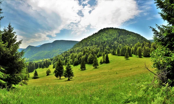 多云的背景下 全景拍摄的青山风景 — 图库照片