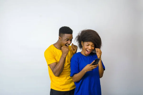 Cute African Couple Excited What Saw Phone — Stock Photo, Image