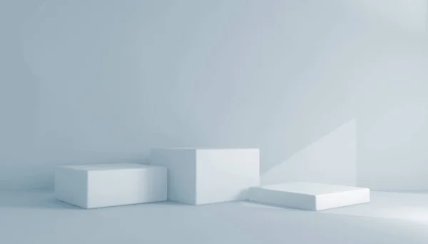 A 3D rendering of white geometrical figures in a room