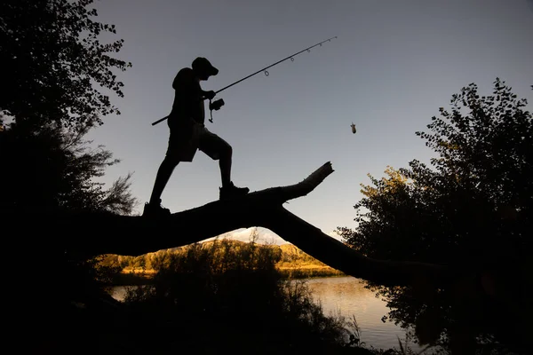 木の丸太の上にロッドが立っている漁師のシルエットのローアングルショット — ストック写真