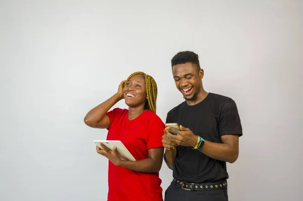 Two Young African Friends Laughing What Saw Phone — Stock Photo, Image