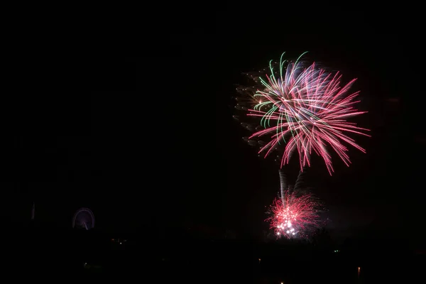 Hermoso Disparo Fuegos Artificiales Rosados Explotando Sobre Fondo Negro Del —  Fotos de Stock