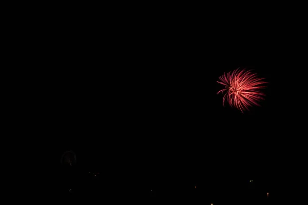 Beautiful Shot Exploding Red Fireworks Black Night Sky Background — Stock Photo, Image