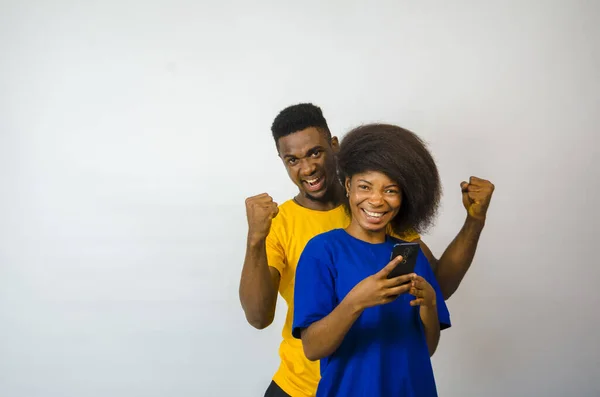 Cute African Couple Excited What Saw Phone — Stock Photo, Image