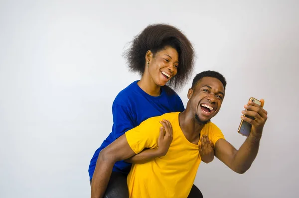 Cute Young African Couple Looking Phone Smiling — Stock Photo, Image