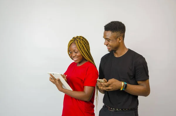 Cute African Couple Looking Tablet Smiling — Stock Photo, Image