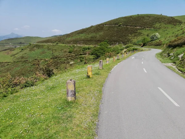 Uma Estrada Sinuosa Que Conduz Através Verde Colinas Exuberantes — Fotografia de Stock