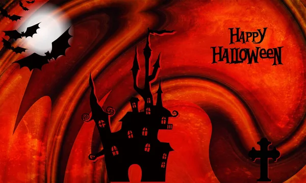 Uma Ilustração Feliz Halloween Com Castelo Assustador Morcegos Fundo Vermelho — Fotografia de Stock