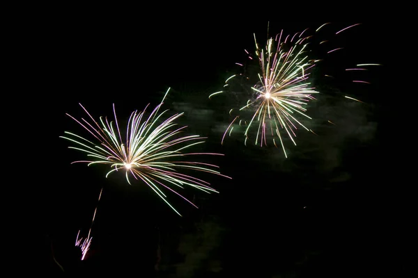 Hermoso Disparo Fuegos Artificiales Colores Debajo Del Cielo Nocturno — Foto de Stock