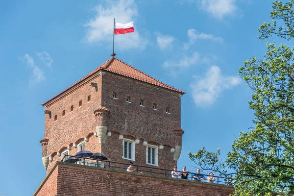 Foto Van Poolse Nationale Vlag Top Van Wawa Castle — Stockfoto