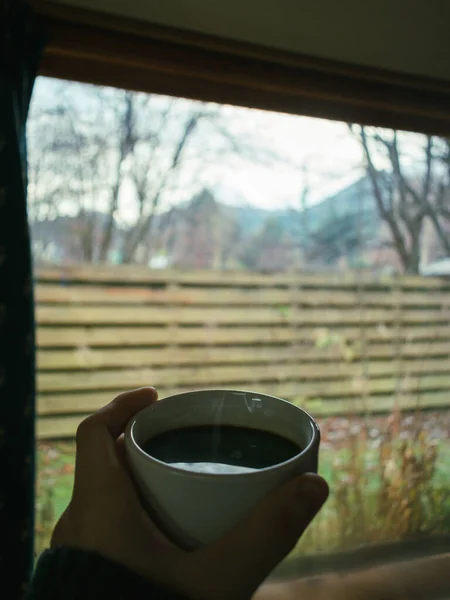 Vertical Shot Person Holing Mug Hot Coffee Bright Window — Stock Photo, Image