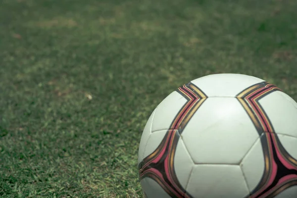Ένα Κοντινό Πλάνο Μιας Μπάλας Ποδοσφαίρου Ένα Γρασίδι — Φωτογραφία Αρχείου