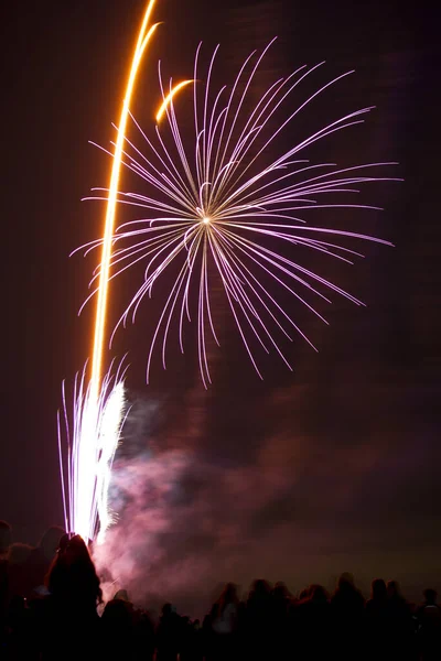 Belo Tiro Vertical Fogos Artifício Coloridos Sob Céu Noturno — Fotografia de Stock