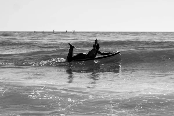 Cliché Niveaux Gris Une Fille Allongée Sur Une Planche Surf — Photo