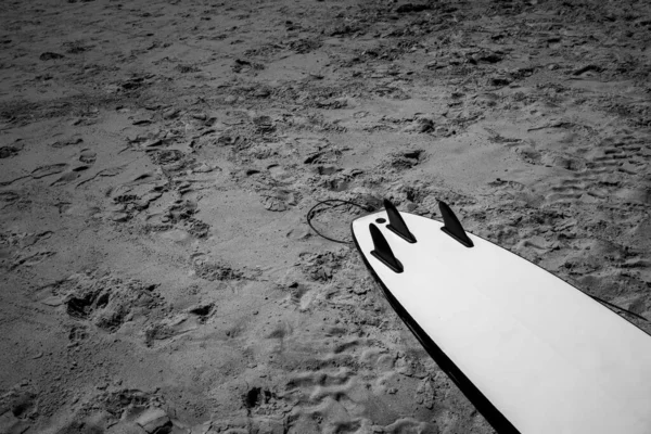 Een Close Zwart Wit Foto Van Een Surfplank Zand Andalusië — Stockfoto