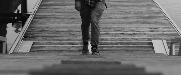 Grayscale Shot Male Walking Stairs — Stock Photo, Image