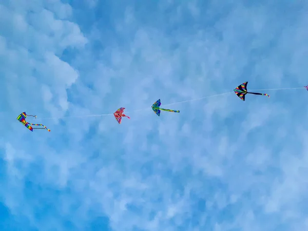 Closeup Colorful Kites Flying Blue Sky — Stock Photo, Image