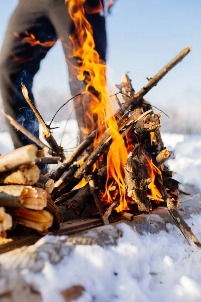 冬の公園でのたき火の垂直ショット — ストック写真