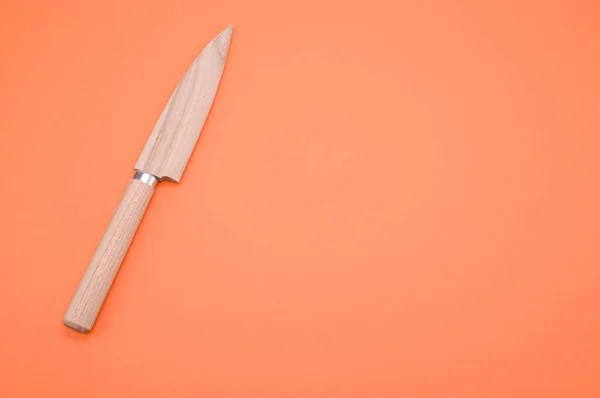 Крупный План Кухонного Ножа Защитным Чехлом Коралловом Фоне — стоковое фото