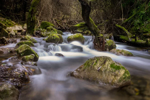 Long Exposure River Mossy Rock Formations — Stock Photo, Image