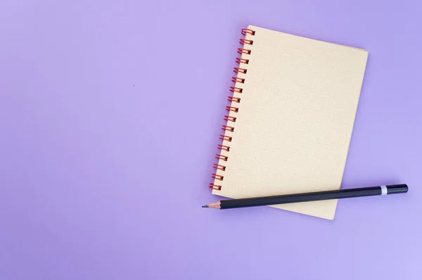 Primer Plano Cuaderno Lápiz Aislados Sobre Fondo Púrpura —  Fotos de Stock