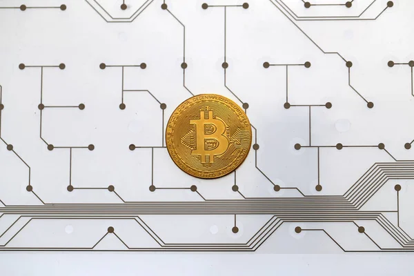 Anakart Üzerinde Altın Bir Bitcoin Yakın Plan — Stok fotoğraf