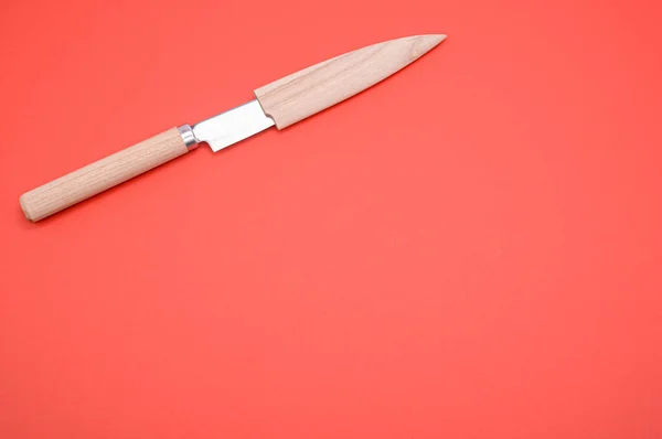 Крупный План Кухонного Ножа Защитным Чехлом Коралловом Фоне — стоковое фото