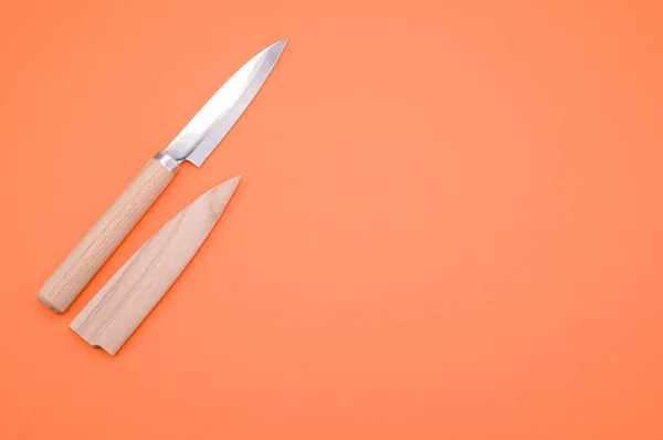 Closeup Kitchen Knife Safety Cover Isolated Coral Background — Stock Photo, Image
